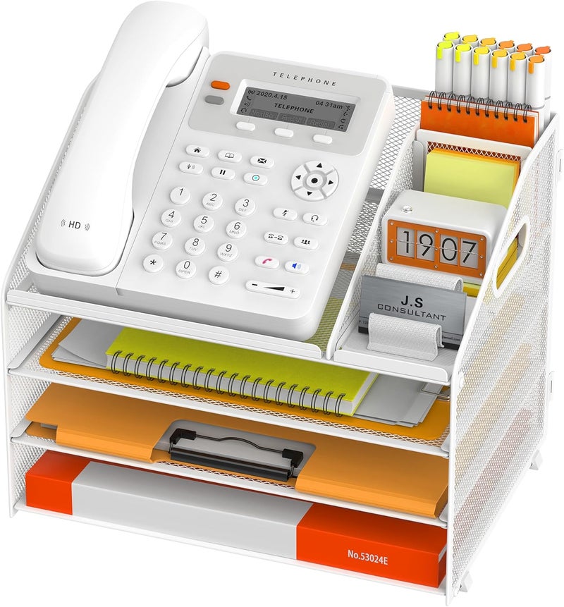Docnest 4 Tier Metal Mesh Letter Tray - Space Saving Desk File Organizer with Handle, Pen Holder & Folder Holder - Desktop Document Sorter for Office, Home, School, Classroom - White - Image 1